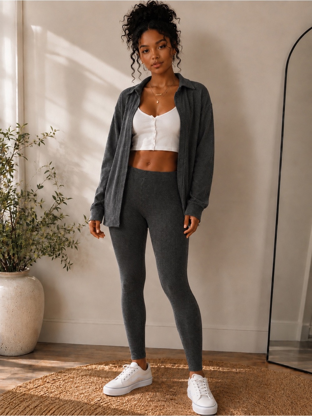Fashion Nova Ribbed High-Waist Leggings with Matching Overshirt - Charcoal